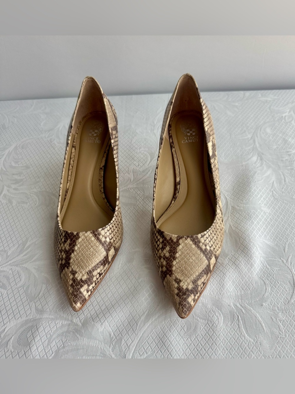 Vince Camuto Beige Snake-Print Pointed Toe Pumps